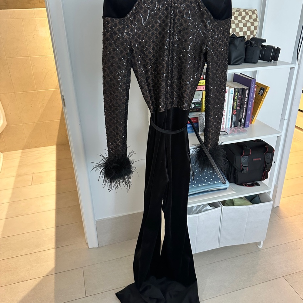 NADINE MERABI Black Sequin Jumpsuit with Feather Details